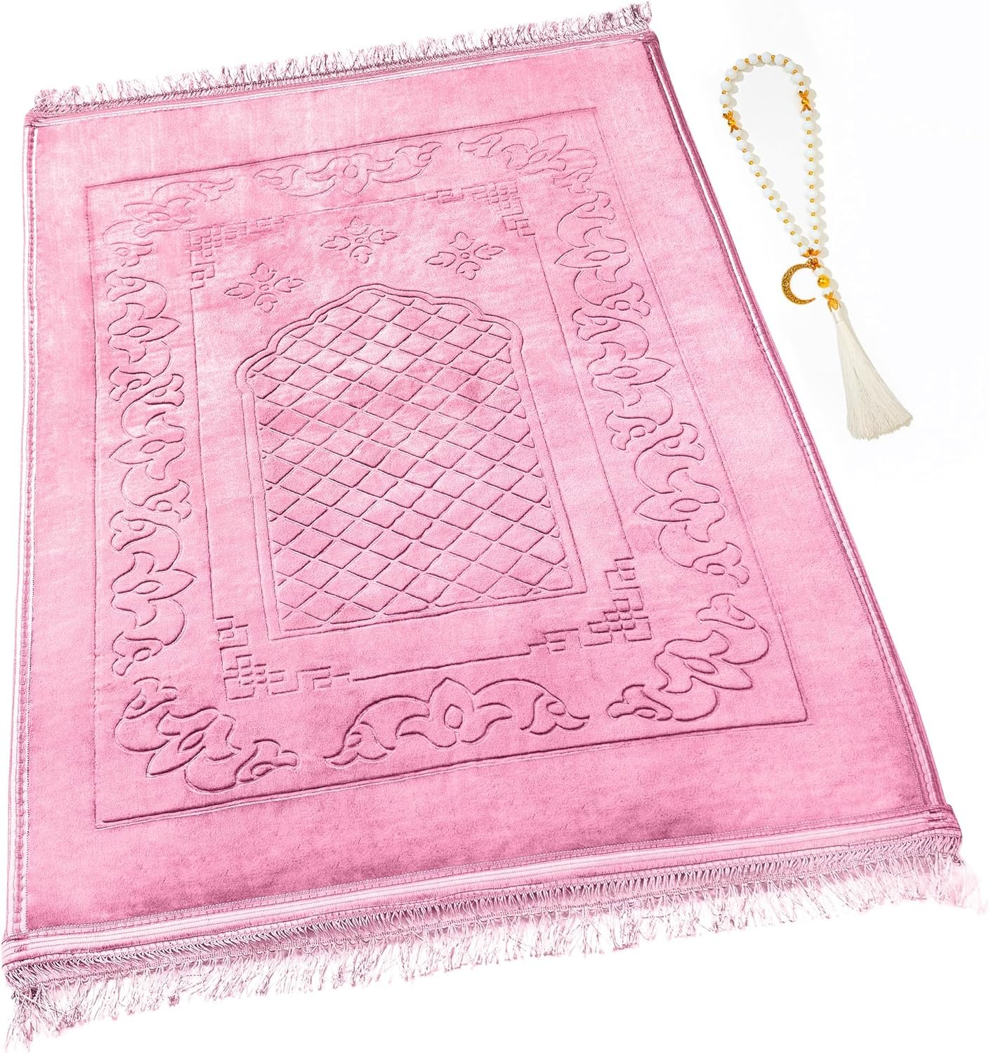 Muslim Prayer Rug with Tasbih Prayer Beads, Soft Large Prayer Matt Islam, Padded Islamic Prayer Mat Thick for Men and Women, Janamaz, Sajadah (Pink)