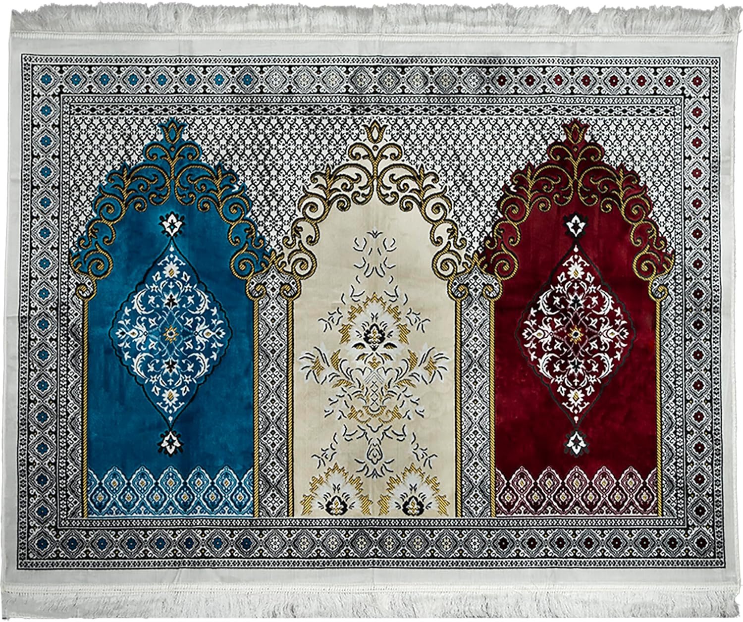 Modefa Turkish Islamic Prayer Rug – Wide Plush Velvet Mat – Multi Person Muslim Janamaz for Family – Large Gathering & Group Sajada Carpet – Floral Arch – 3 Person (17-11)