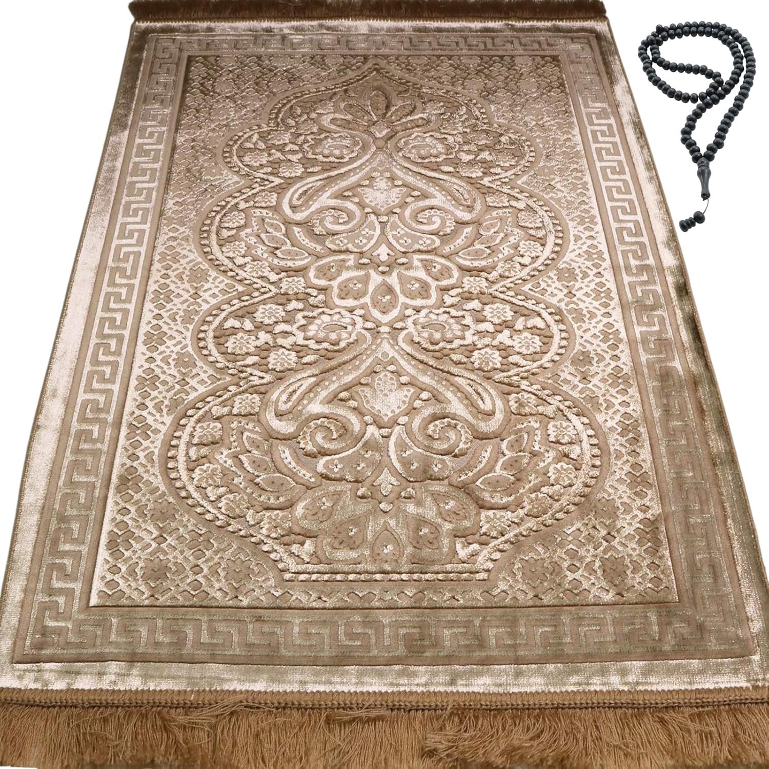 Modefa Luxury Velvet Prayer Rug with Prayer Beads | Soft Elegant Muslim Turkish Janamaz Sajada Carpet for Men and Women | Plain Solid Prayer Mat Ramadan Eid Gift – Paisley (Golden Beige)