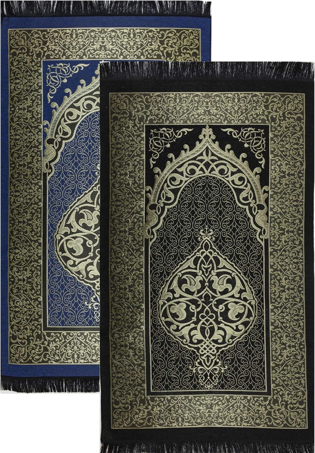 Modefa Islamic Prayer Rug Thin Woven Chenille and Taffeta Turkish Sajadah Intricate Design Metallic Ottoman Mat (Black + Blue)