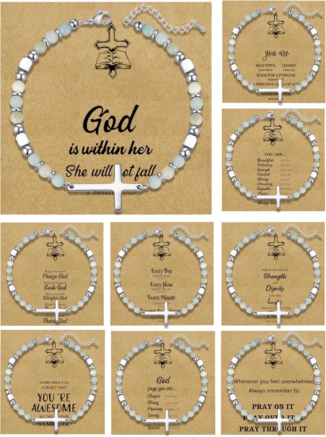 BROCC 9PCS Christian Cross Bracelet for Women,Confirmation Baptism Easter Jewelry Set,Adjustable 4MM Healing Natural Stone Beaded Bracelets