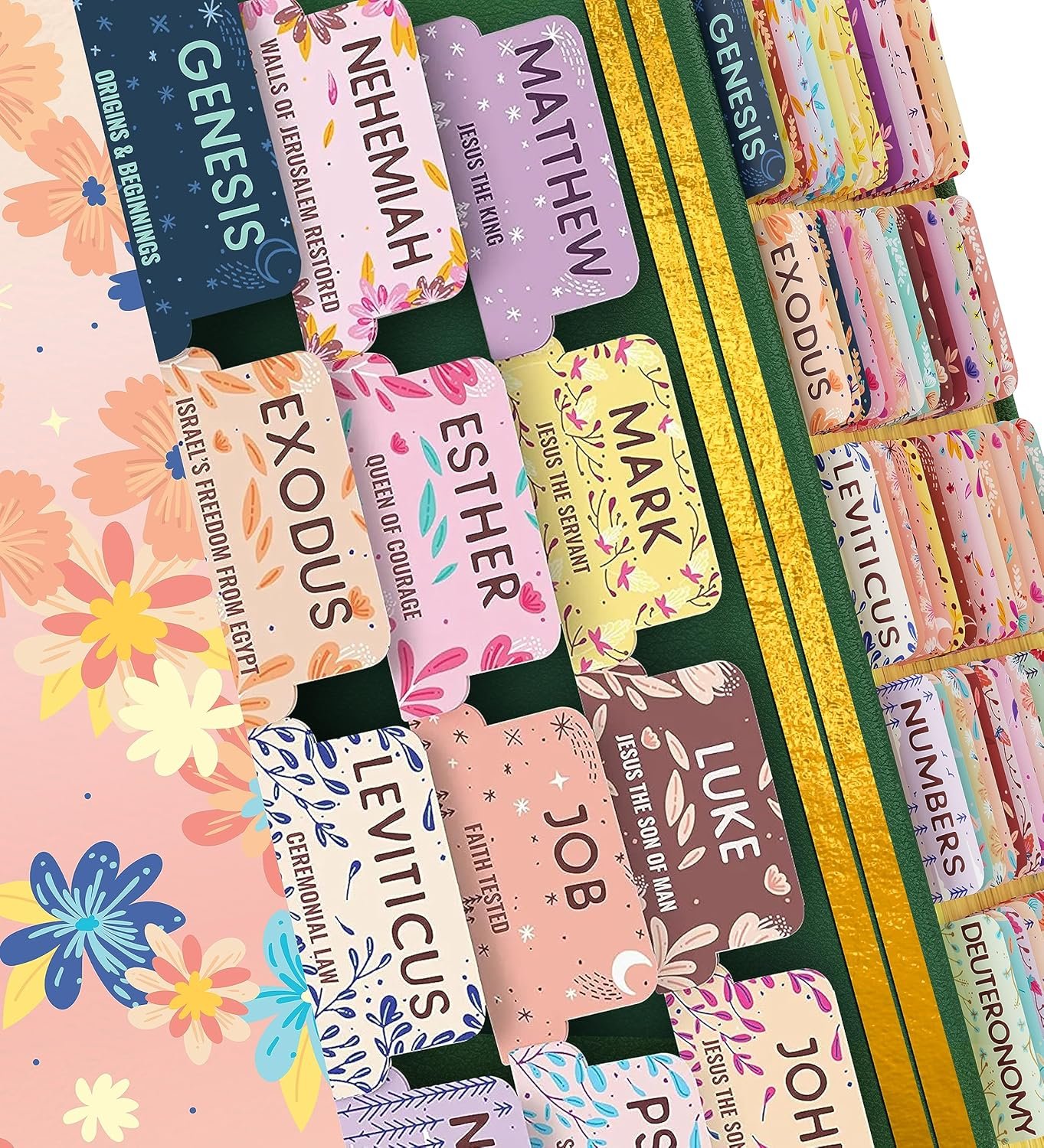 Bloom Gold™ Best Bible Tabs for Women – Soul Nourishing Book Summaries – 66 Peel-and-Stick Large Print Laminated Bible Book Tabs | Floral Tabs for Bible Study Supplies, Shepherd of Life