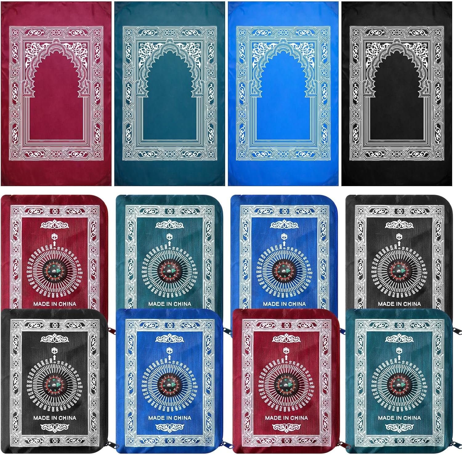 Mindsoft 8 Pcs Portable Travel Prayer Mat with Compass Islamic Waterproof Polyester Praying Rug with Pocket Sized Carry Bag for Muslim Ramada Eid Gifts (60 cm x 100 Cm)