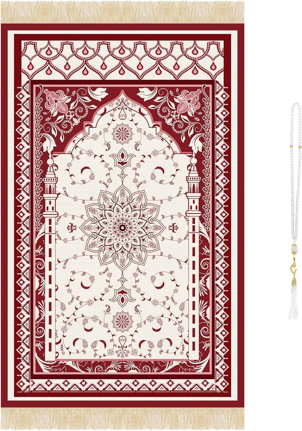 Islamic Prayer Rug Set, Muslim Prayer Mat with Mihrab Arch Floral Red Design and White Beaded Tasbih with Tassel, Thin Janamaz for Ramadan Eid Home Travel, Gift for Women Men (43″ x 28″)