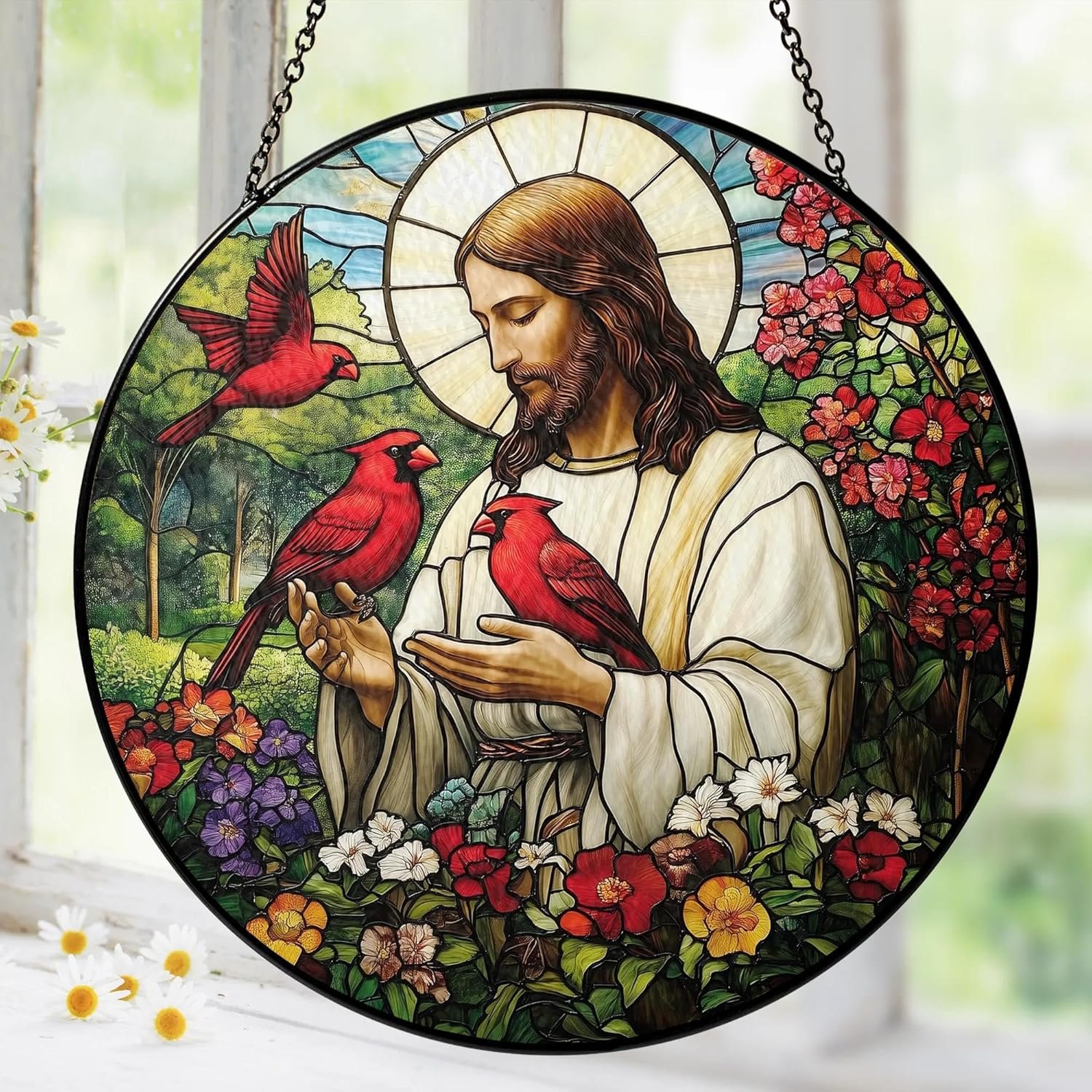 Christian Gifts for Women Faith Red Cardinals Window Hanging Suncatcher Stained Glass, Jesus & Cardinal Faith Home Decorations Jesus Gifts for Women of God Christmas Religious Catholic Gift For Memory