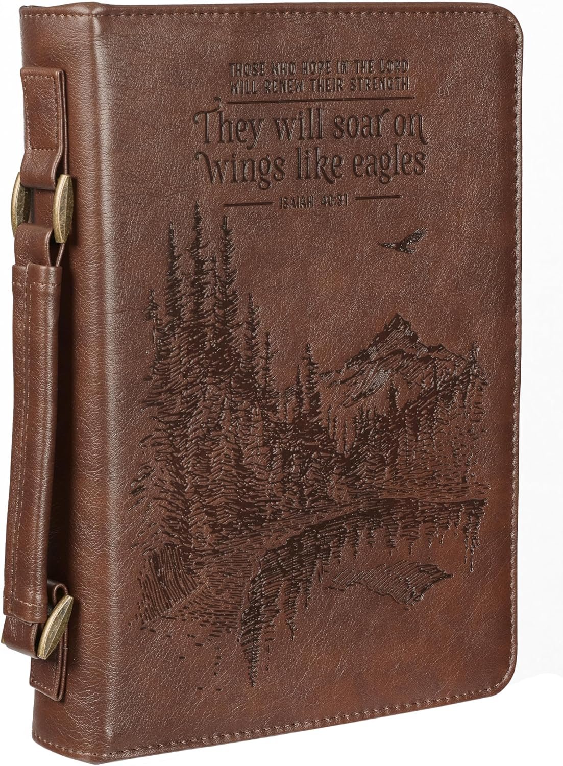 Christian Art Gifts Men’s Classic Bible Cover On Wings Like Eagles Mountain Isaiah 40:31, Brown Faux Leather, Large