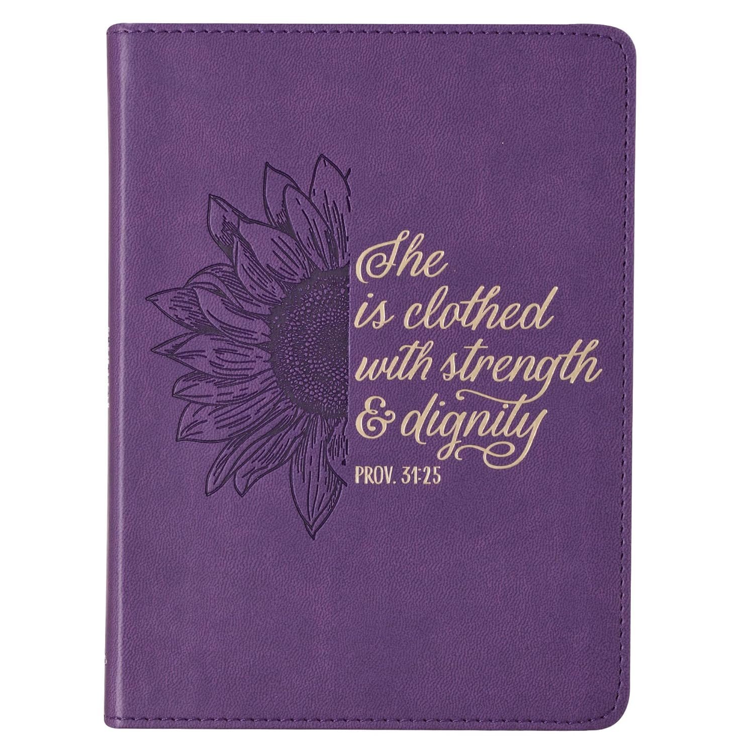 Christian Art Gifts Vegan Leather Small Journal Inspirational Scripture Women’s Sunflower Notebook Strength & Dignity Bible Verse Proverbs 31:25, 240 Ruled Pages, Lavender Purple