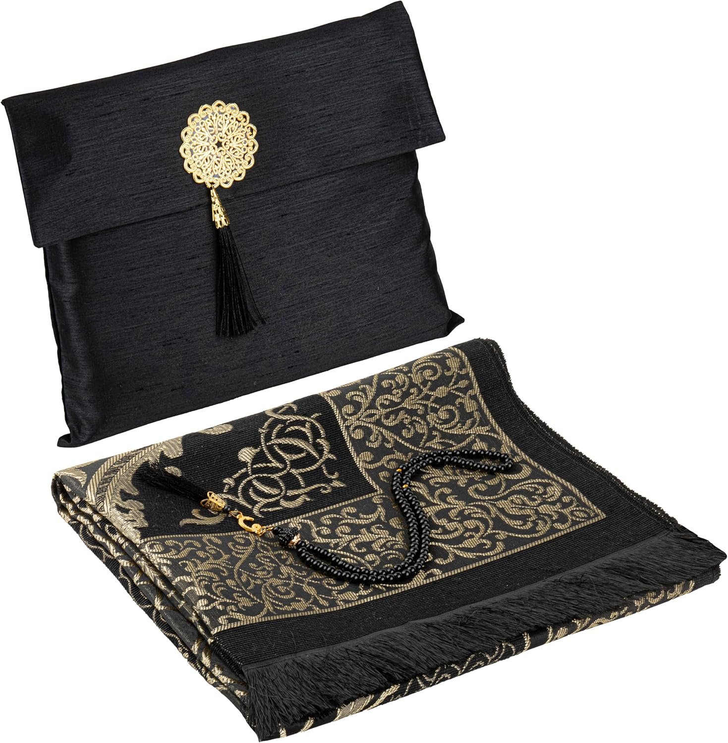 Modefa Islamic Prayer Mat Muslim Gifts – Thin Travel Muslim Prayer Rug in Taffeta Gift Bag with Tasbih Beads Prayer Matt Islam – Chenille Turkish Praying Carpet – Ramadan Gifts (Black)
