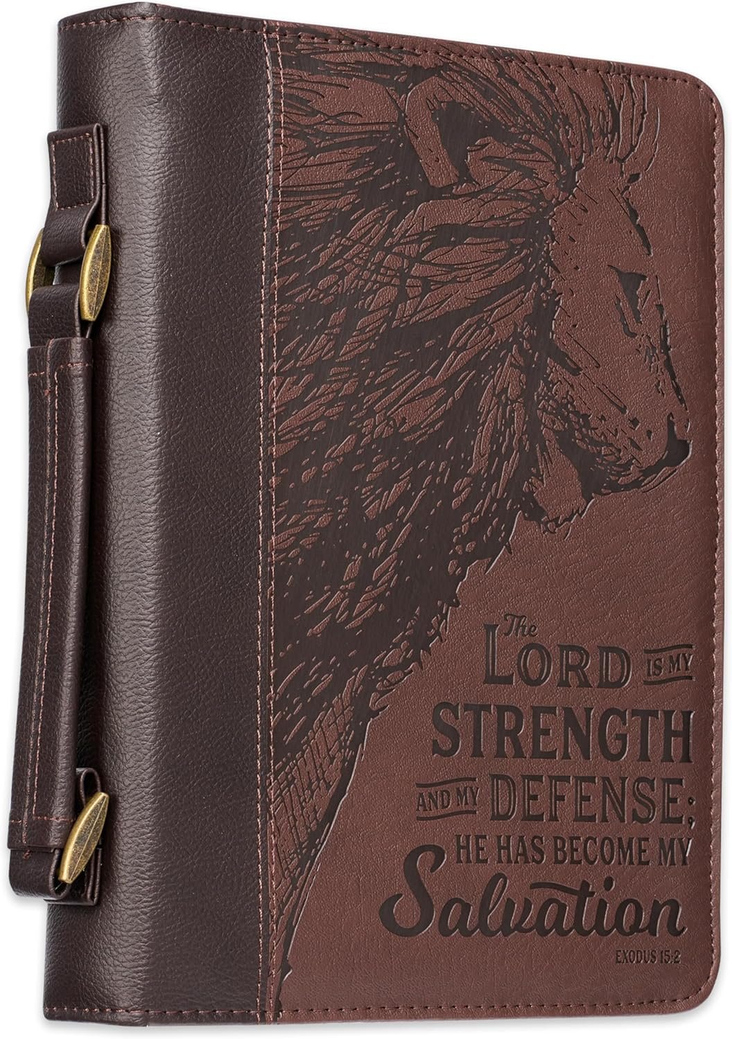 Christian Art Gifts Men’s Classic Bible Cover The Lord is My Strength Lion Exodus 15:2, Brown Faux Leather, Large