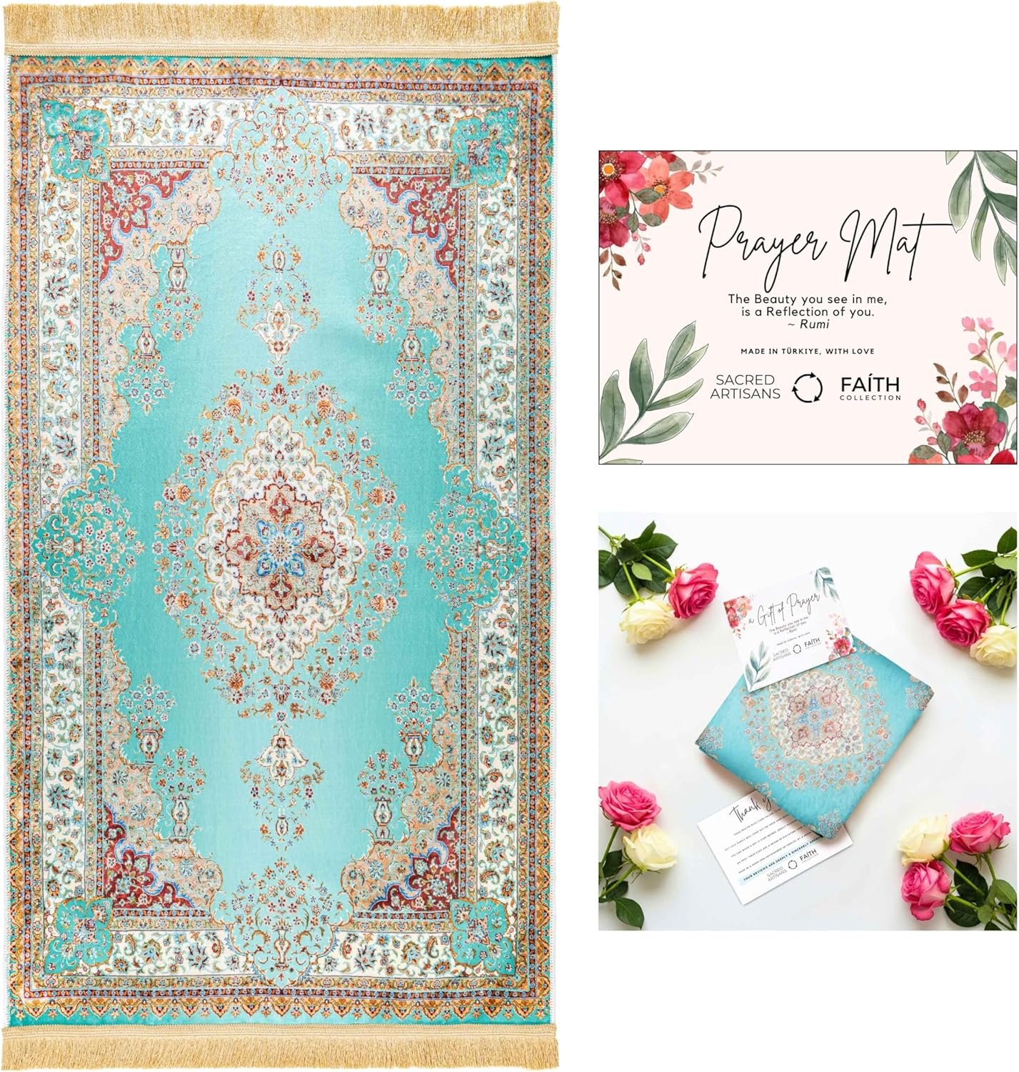 Sacred Artisans Prayer Rug for Men and Women | A Super Soft-Touch Prayer Mat and Meditation Rug for Travel Home & Gift (Istanbul Blue)