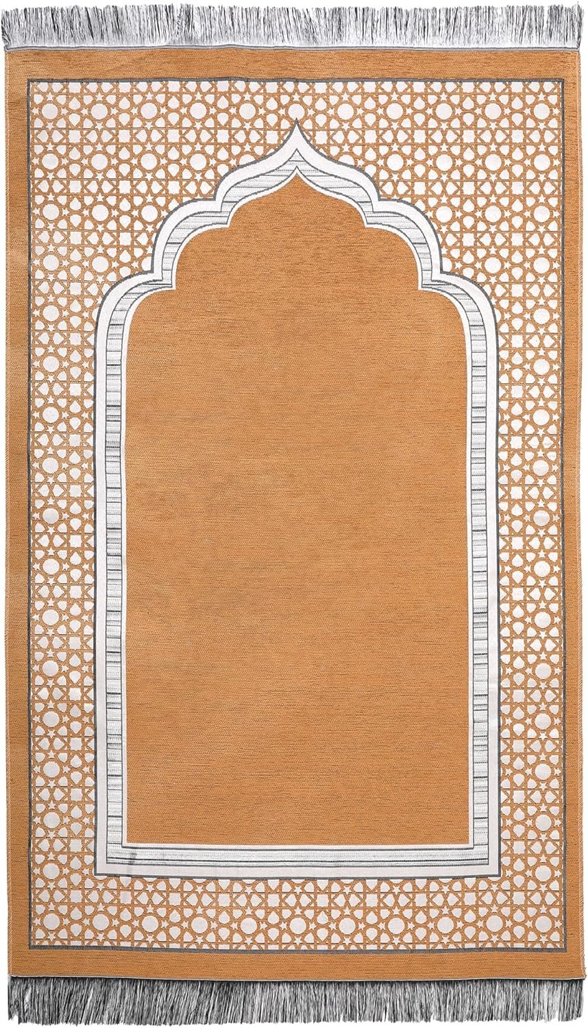 Islamic Prayer Rug Elegant Masjid Pattern Thin Mat Muslim Portable Blanket Ramadan Eid Gift Rug Turkish Prayer Carpet – Khaki 1pc