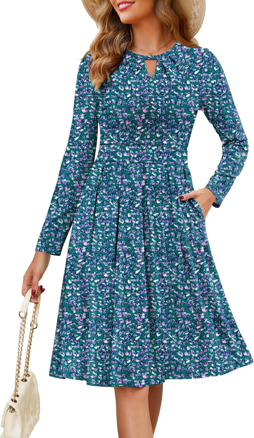 Annebouti Womens 2026 Spring Long Sleeve Keyhole Neckline A-Line Pleated Casual Semi-Formal Midi Dress with Pockets