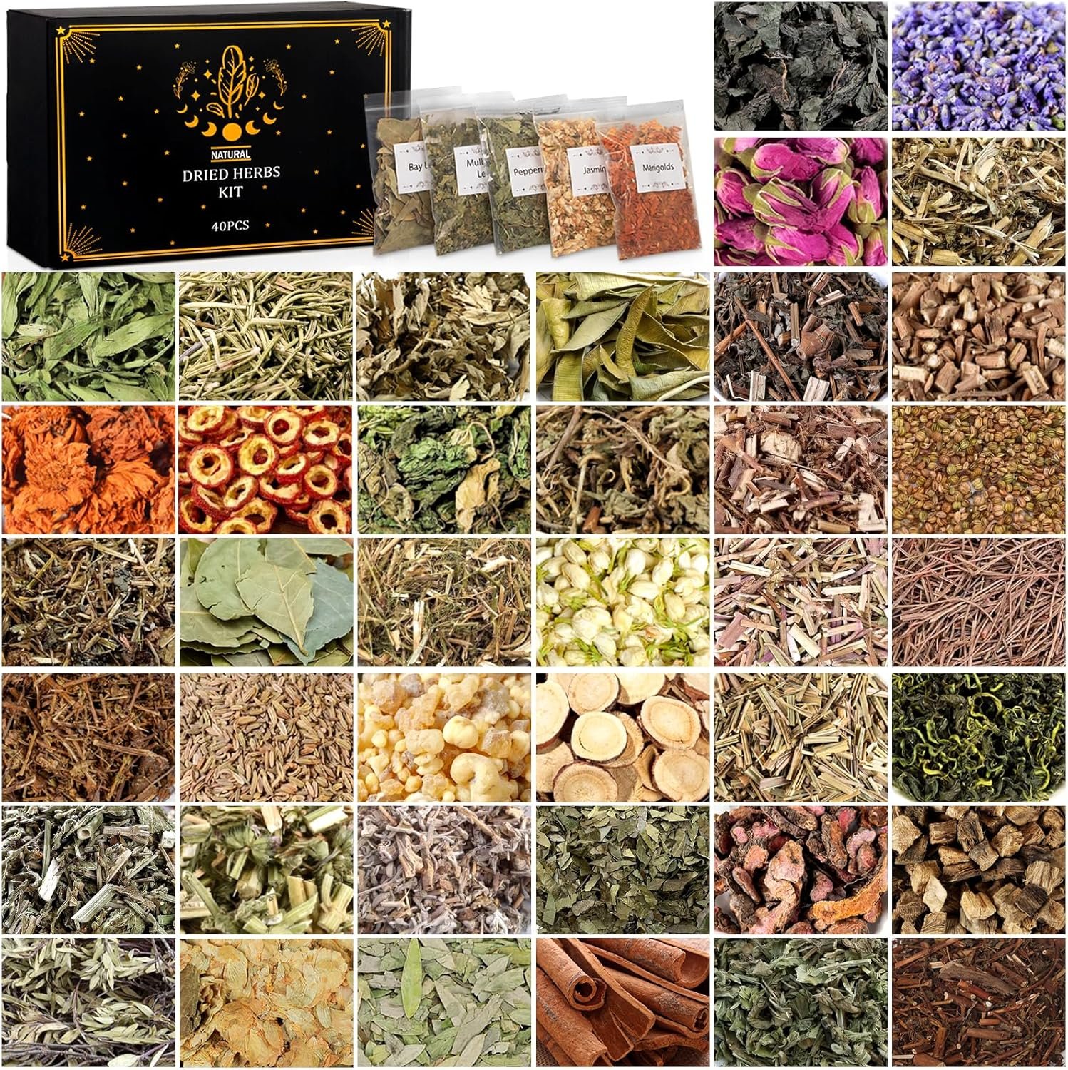 40 Pack Witchcraft Supplies Herbs Kit – Dried Herbs and Flowers for Witch Beginners – Herb Set for Wicca, Altar Supplies, Pagan and Wiccan Rituals, Magic Spell, Candle and Soap Making