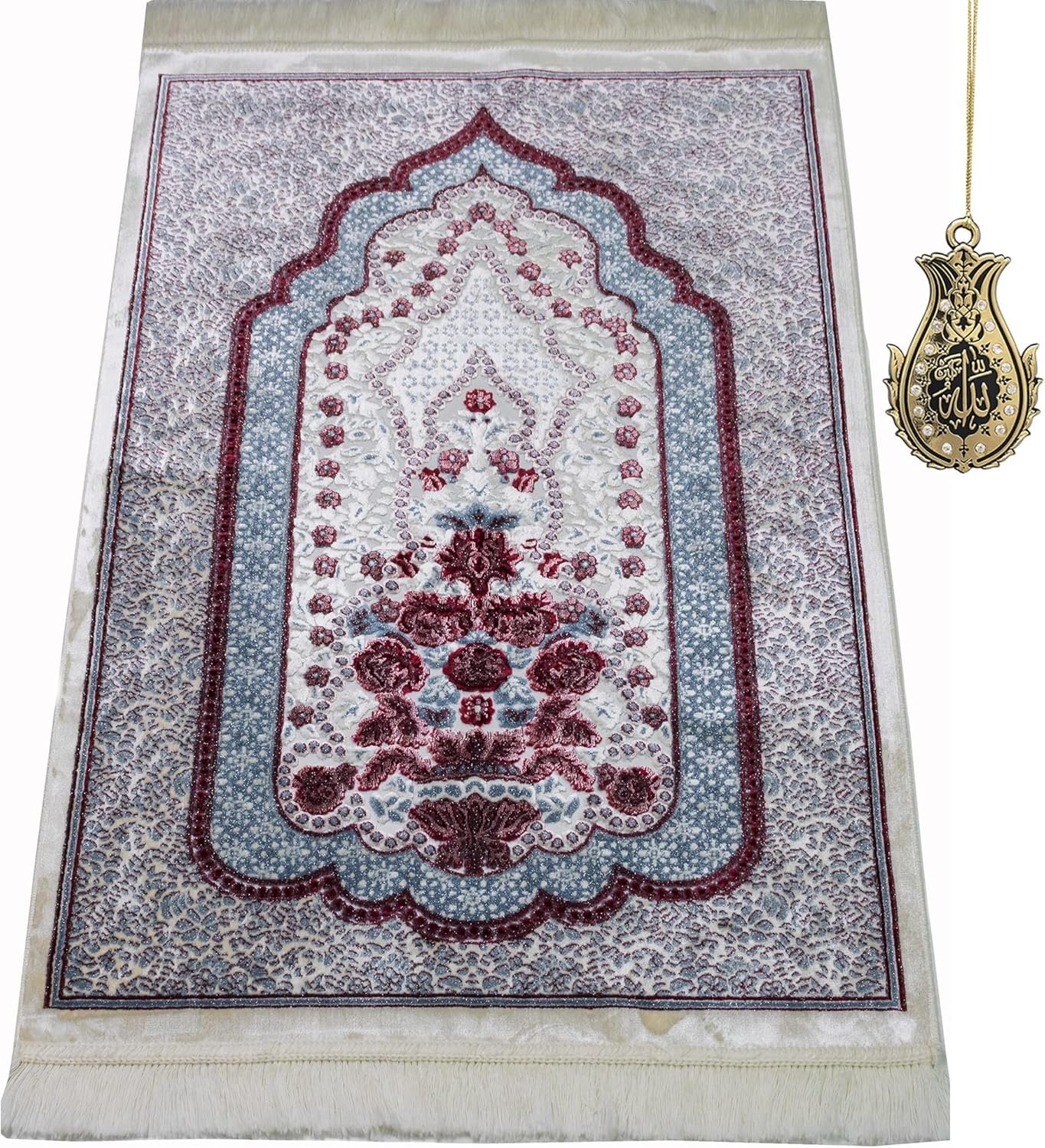 Modefa Turkish Islamic Velvet Prayer Rug – Prayer Mat Carpet for Men and Women – Traditional Muslim Janamaz Sajada – Ramadan or Eid Gift – with Car Hanger – Luxury Winter Rose (Blue/Red)