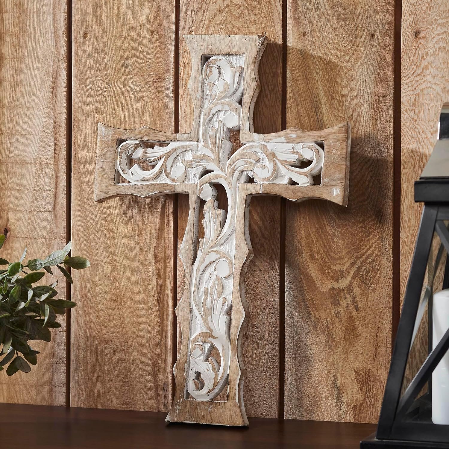 VHC Brands Natural & Distressed White Wooden Cross Wall Hanging 12×18, Home Decor for Any Room, Made of Wood, Decorative Religious Art