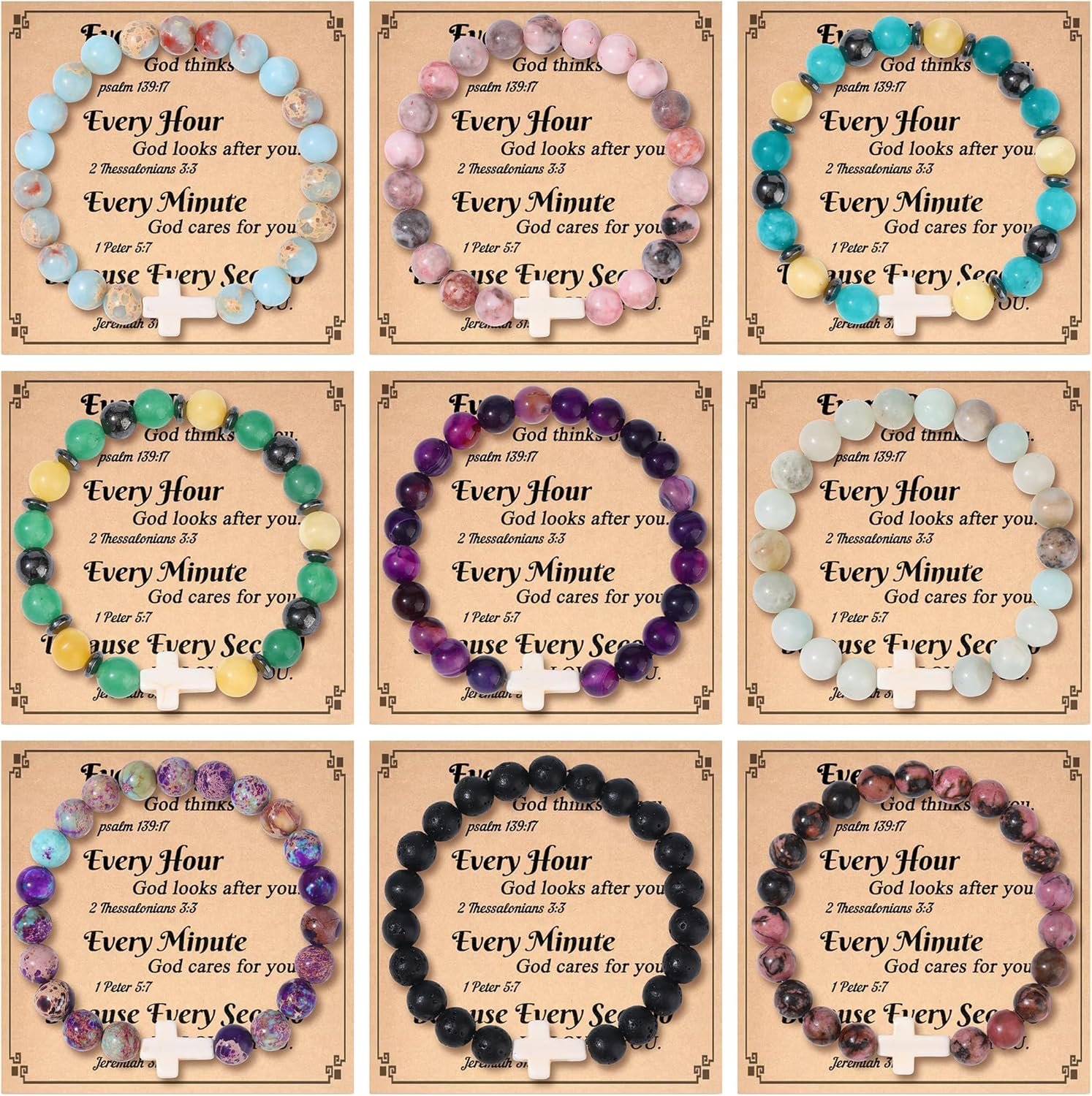 WAINIS 9Pcs Faith Cross Beaded Bracelets for Women Inspirational Christian Gifts Religious Easter Basket Stuffers Cross Bracelet 8mm Natural Stone Stretch Jesus Bracelets Bulk Gift