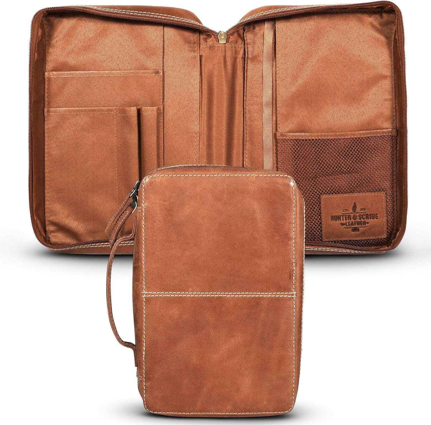 Hunter & Scribe Leather Bible Covers for Men and Women – Top Grain Buffalo Leather – Genuine Leather Bible Cover with Pockets, Zipper, and Bookmark – Bible case – Book Cover – Large Light Brown