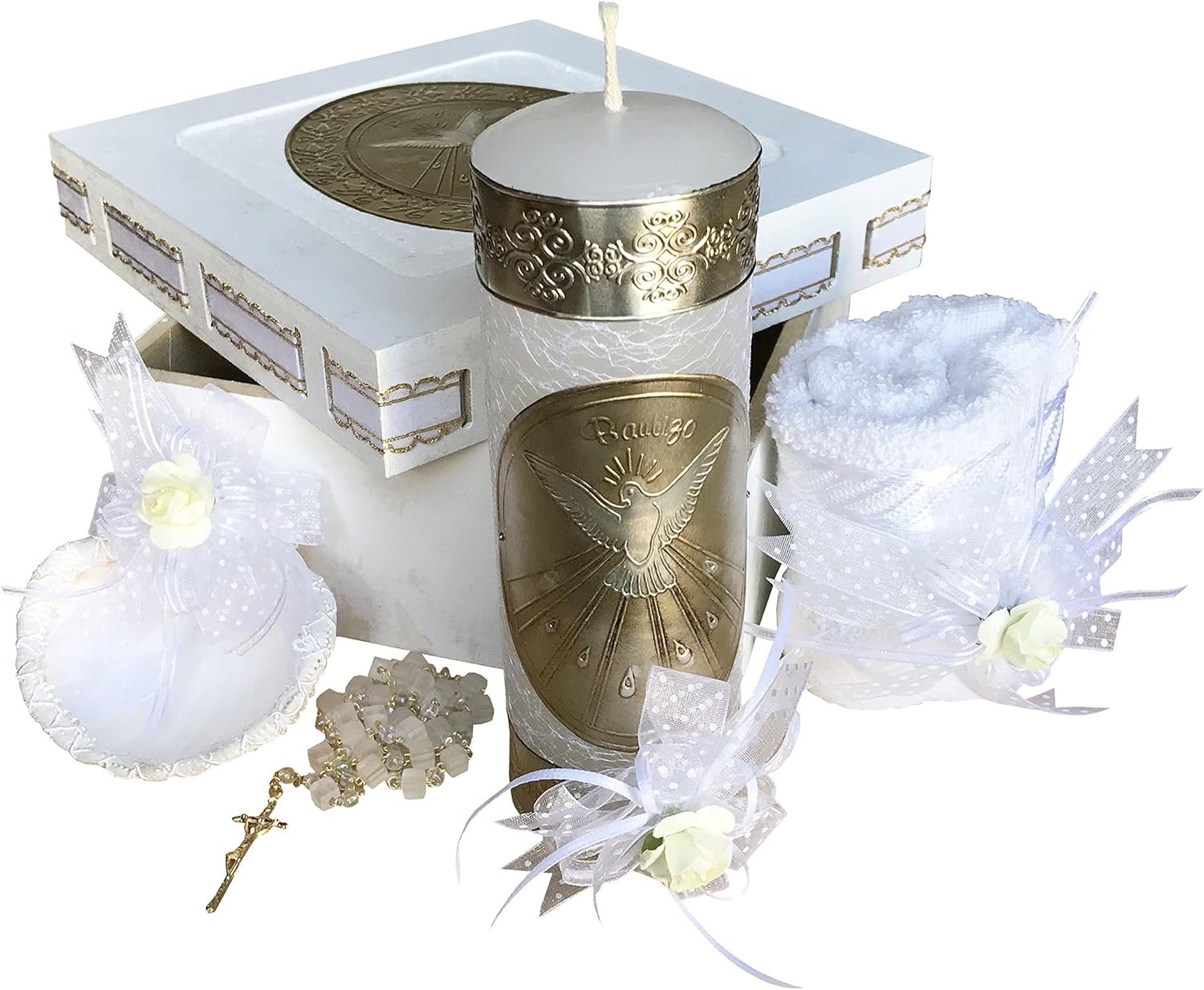Arcangeles Mexicanos Catholic Baptism Candle Set in a Wooden Box with Towel, Candle, Rosary and Shell for Baby Boys and Girls. Handmade in Mexico