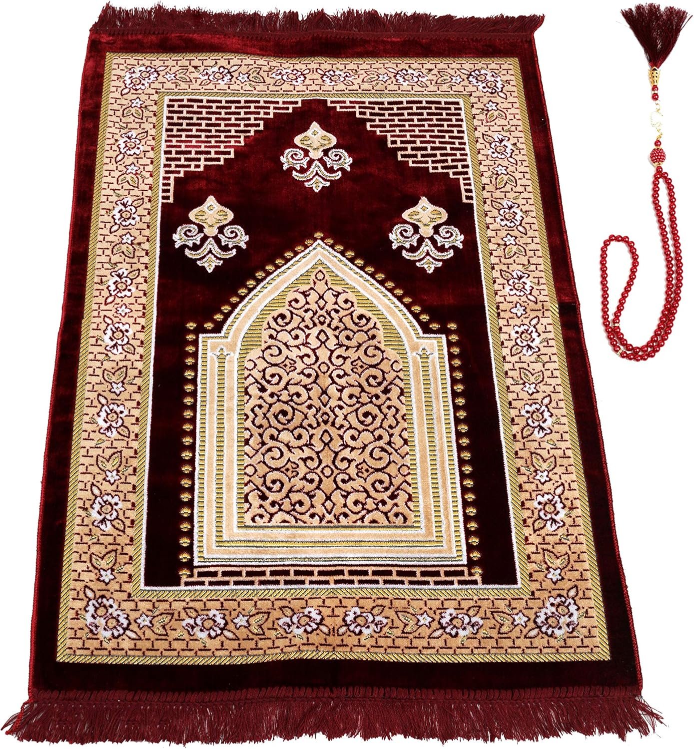 TB Muslim Prayer Rug, Islamic, Velvet Mat Ramadan Gift, with Prayer Bead Unique Decoration Gilded Gold-Like Embroidered for Women Man Kids Meditation Turkish African (Claret Red)
