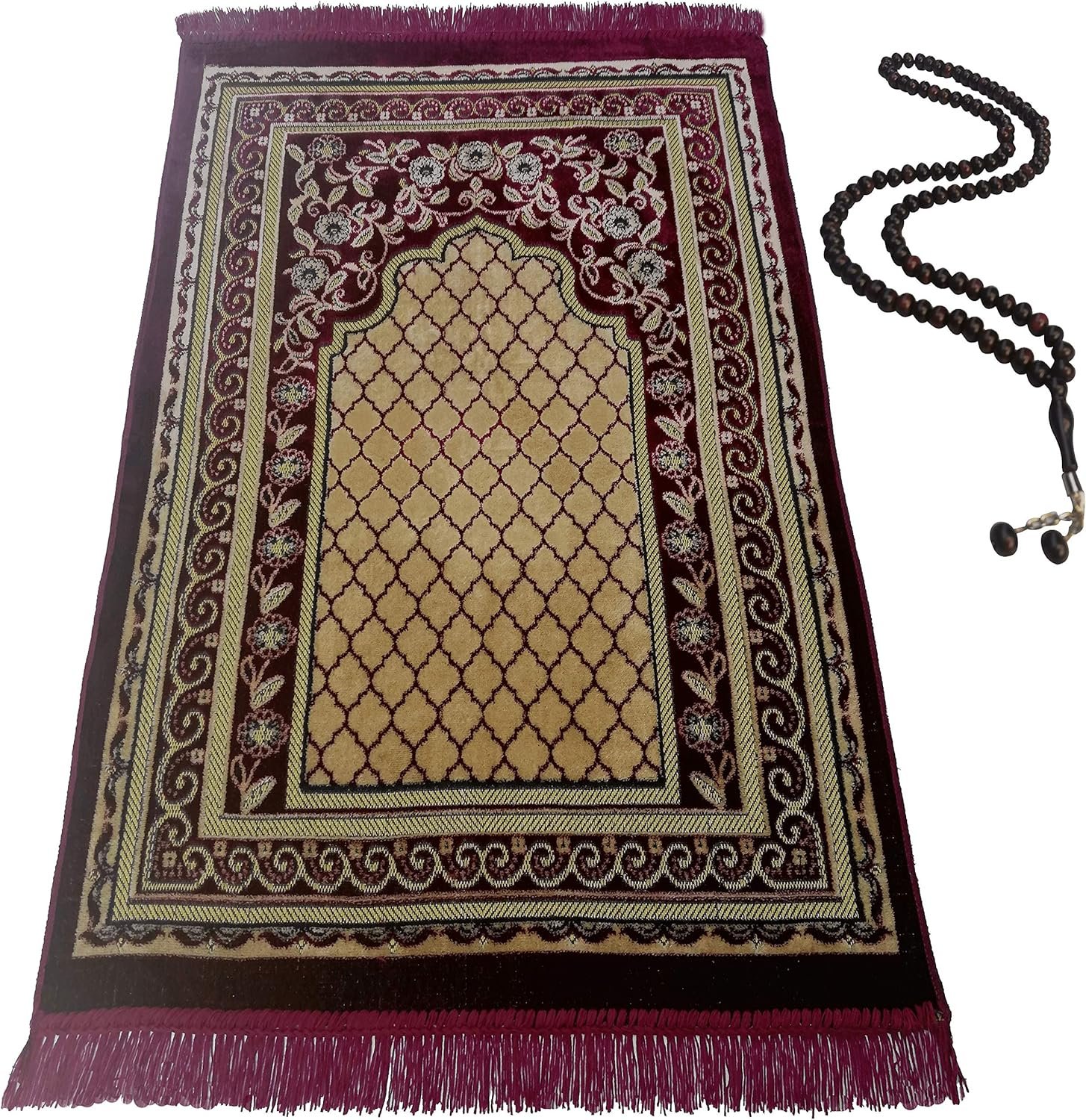 BAYKUL Muslim Prayer Rug-Islamic Turkish Velvet Rugs-Great Ramadan Gifts-Janamaz Prayer Mat Women Men-Islam Carpet-Portable Muslims Mats-Praying Rugs Islam-Sajadah-Gift Prayer Beads 99(Claret Red)