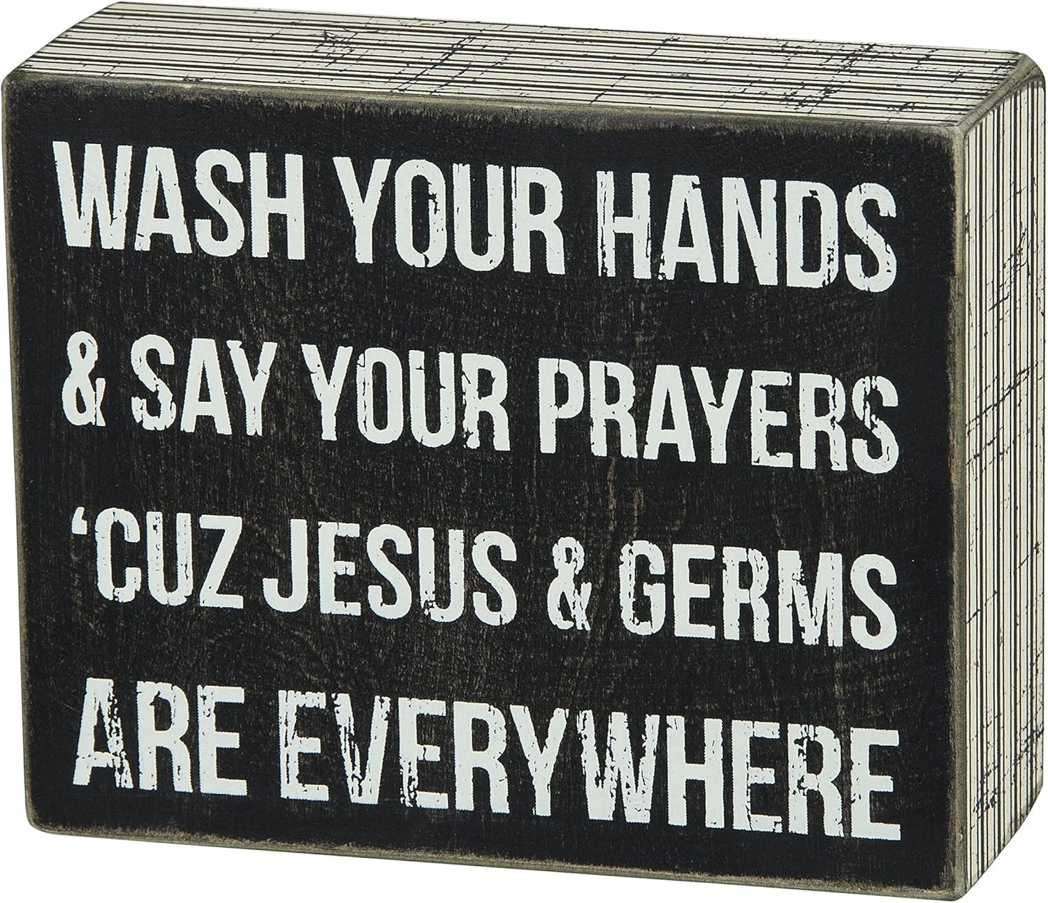 Funny Wash Your Hands Sign, Primitives by Kathy Classic Box Sign, Jesus & Germs are Everywhere, Stripe Trim with Distressed Details, 5 by 4 Inches, Designed for Wall or Shelf Display