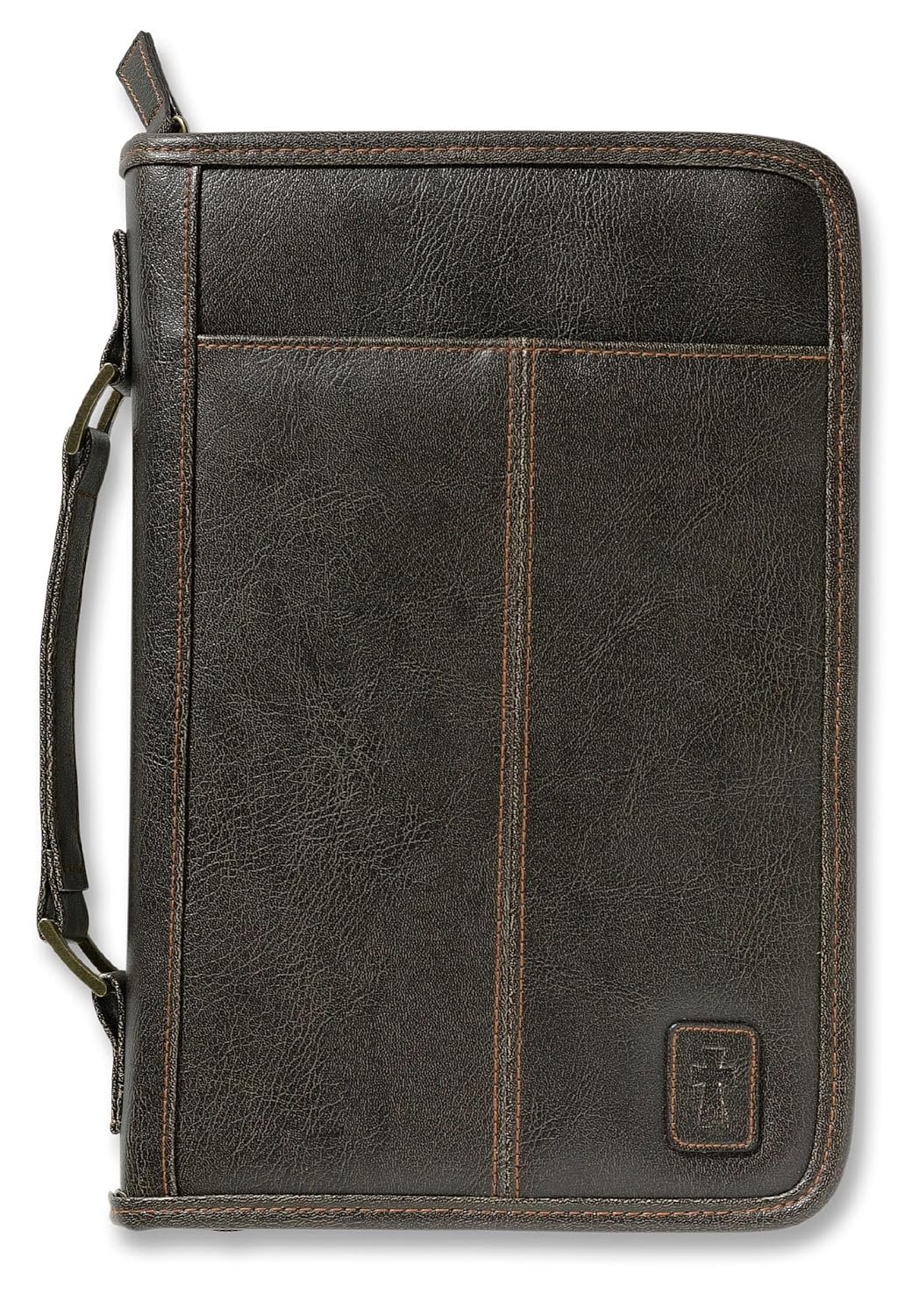 Aviator Bible Cover, Zippered, with Handle, Leather Look, Brown, Large