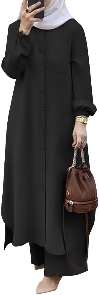 Women’s Muslim 2 Pieces Sets Long Sleeve Button Down Shirt and Pants Abaya Casual Dress Dubai Outfits
