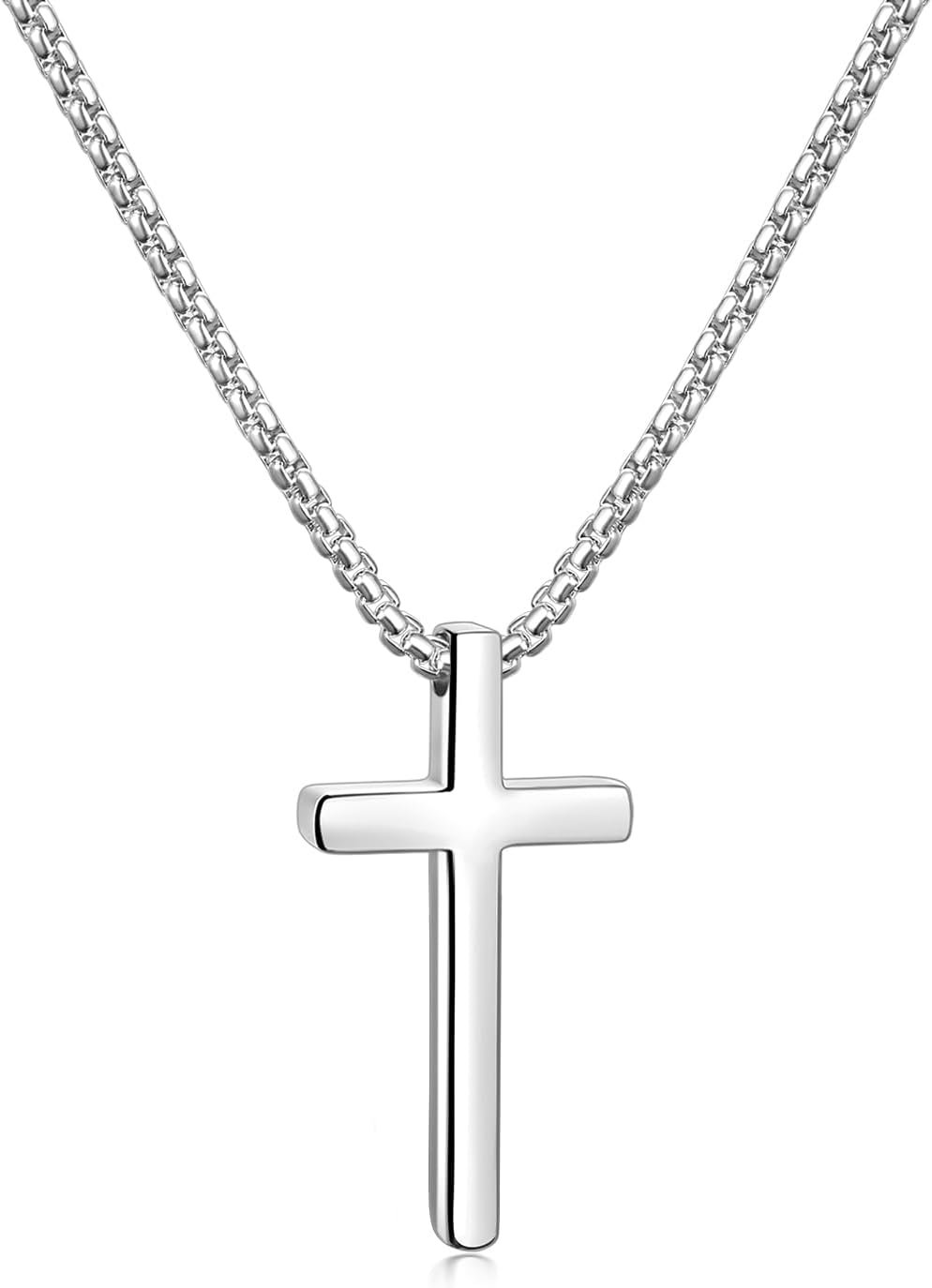 Fiusem Cross Necklace for Men, Silver/Gold/Black Mens Cross Necklaces with 2.5mm Cross Chain and Stainless Steel Cross Pendant, Box Chain 16-24 Inch, Jewelry Gift