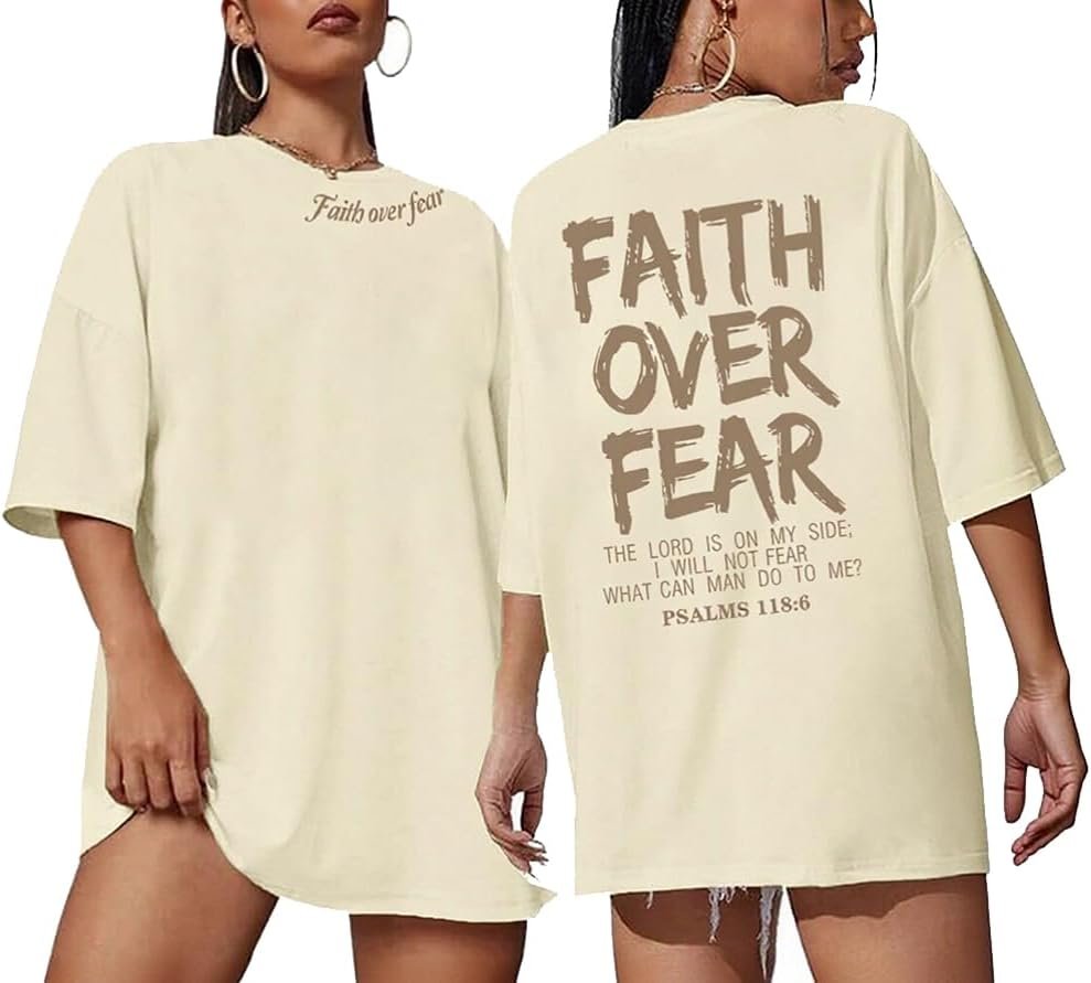 Christian Shirts for Women Oversized Faith Over Fear Boho Tops God Bible Verse Inspirational Tees Jesus Religious Gifts