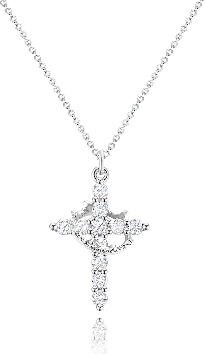 Robaice Cross Necklace for Women, 14K Gold Plated Crown Cross Pendant Necklace, Non-Tarnish Faith Jewelry for Women, Christian Religious Gifts