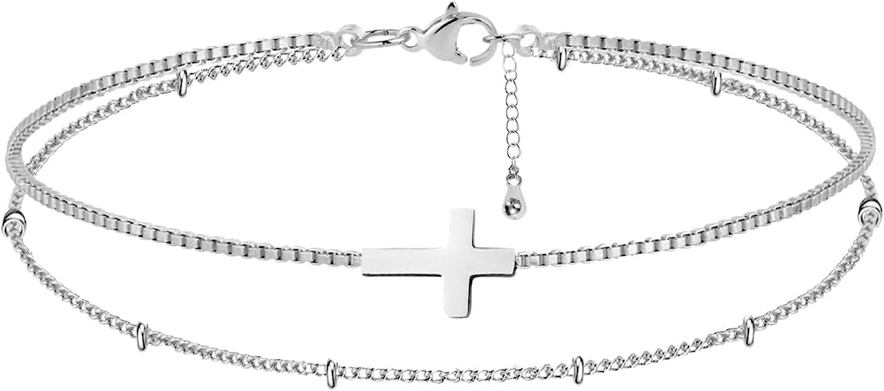 Cross Bracelet for Women，Dainty 14k Gold Plated Pearl Bridesmaid Bracelets for Women Small Wrist, Trendy Stack Thin Chain Sunflower Bracelet Gold Jewelry for Womens Baptism Gift