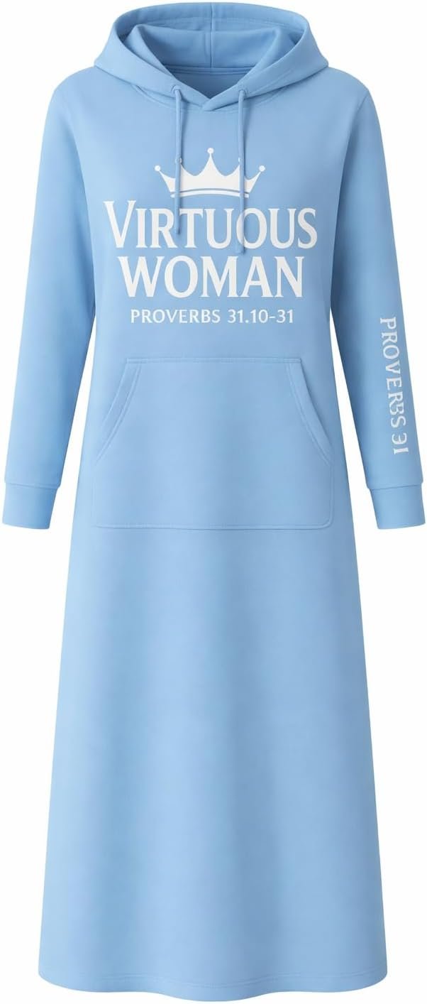 Ofira’s Creations Virtuous Woman Maxi Hoodie Dress, Religious Scripture Design, Cotton Blend, Long Length with Crown Graphic,