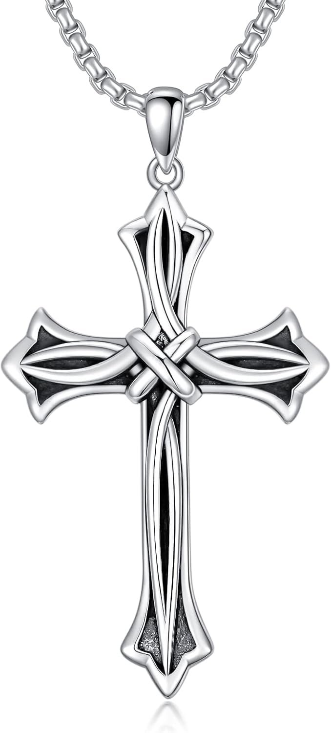 Cross Necklace for Men Women 925 Sterling Silver Celtic/Crucifix/Nail/Fish Hook Cross Pendant with Stainless Steel Chain Faith Jewelry Gift for Father Son Brother Husband