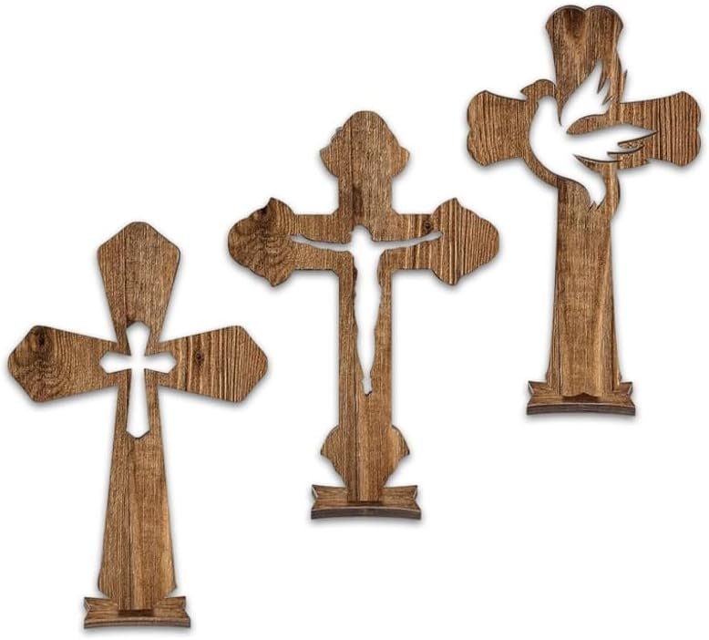 BRBASAP Wooden Crosses For Crafts Crafts 3 Pieces Rustic Standing Wood Crosses Catholic Set Decor for Baptism First Communion Small Table Centerpieces with 3 Bases 3 Styles 6.7 x 4.3 Inches (Brown)