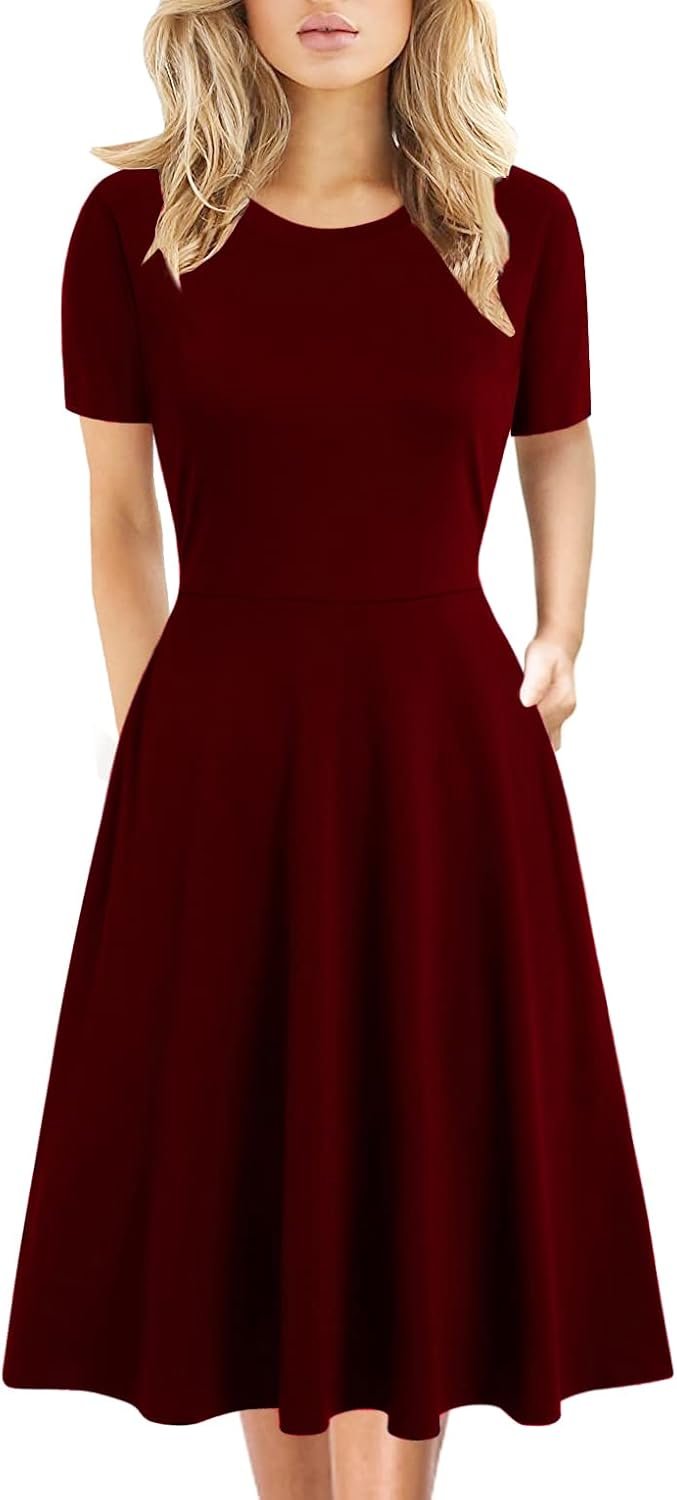 Women’s Elegant Knee Length Dresses Vintage Summer Office Casual Floral Print Work Party A-Line Swing Dress with Pockets 162