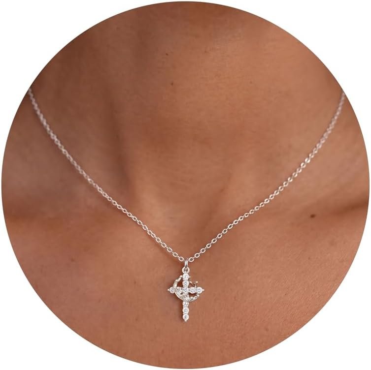 NECOCY Crown Cross Necklaces for Women Non Tarnish Dainty 14K Gold/Silver/Rosegold Plated CZ Pendant Necklace for Women Trendy Simple Cross Charm Jewelry