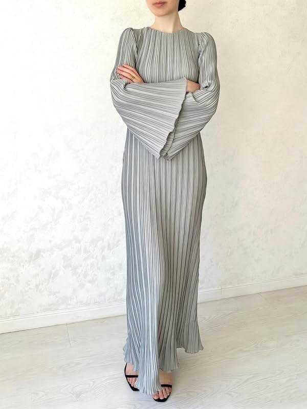 Women’s Long Sleeve Solid Color Modest Fashion Dress 2026 trendyRound Neck Flare Sleeve Modest Arabian Clothing