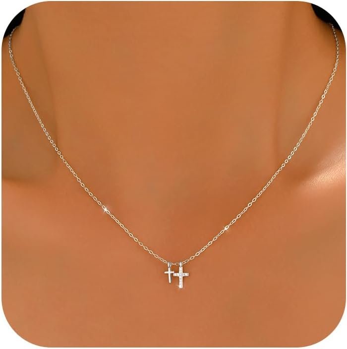 925 Sterling Silver Cross Necklace for Women, Tiny CZ Religious Double Cross Stuffers Baptism Religious Faith Pendant Necklace to Daughter 14K Gold Plated Crucifix Choker Necklace Graduation Wedding Gift