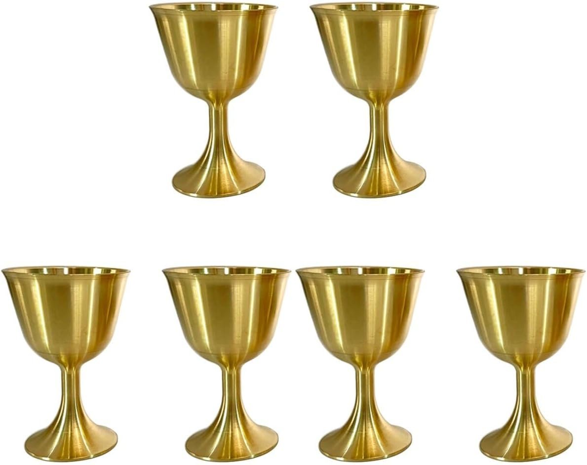 STOBAZA Brass Goblet Set of 6 Vintage Chalice Cups for Rituals and Weddings Food Safe Polished Communion Wine Glasses with Retro Design for Home Dining and Temple Offerings