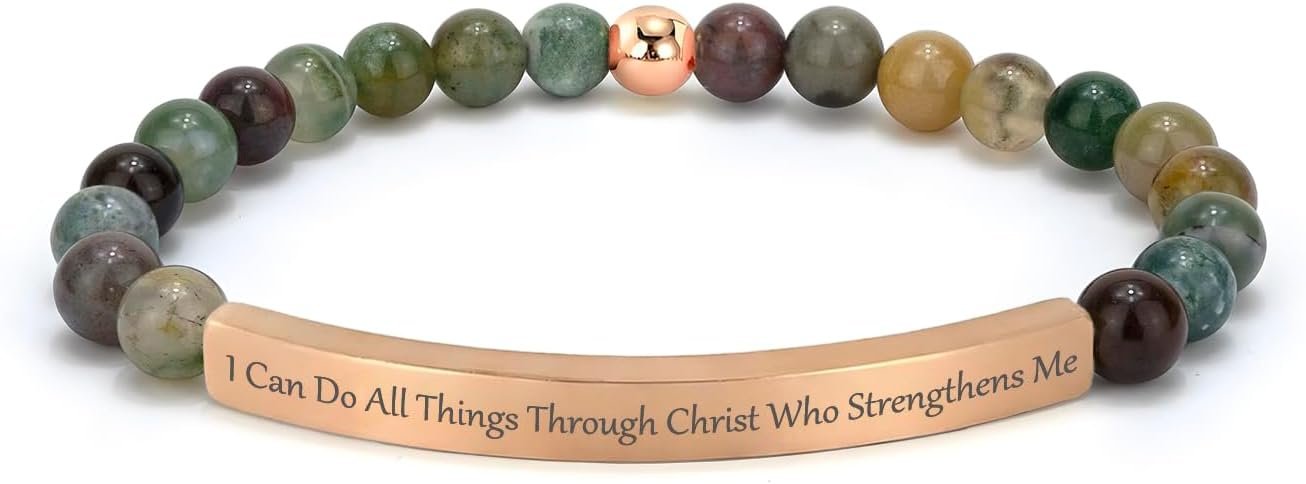 Inspirational Christian Bracelet for Women, Indian Agate Beaded Bible Verse Jewelry, 18K Gold Plated Religious Faith Gift, Scripture Encouragement Jewelry for Her