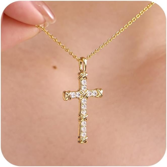 14K Gold Cross Necklace for Women,Gold Filled Sterling Silver Cross Necklace CZ Diamonds Crucifix Pendant Necklaces,Religious Jewelry Gift for Easter Christmas Mother’s Day Birthday Daily Wear