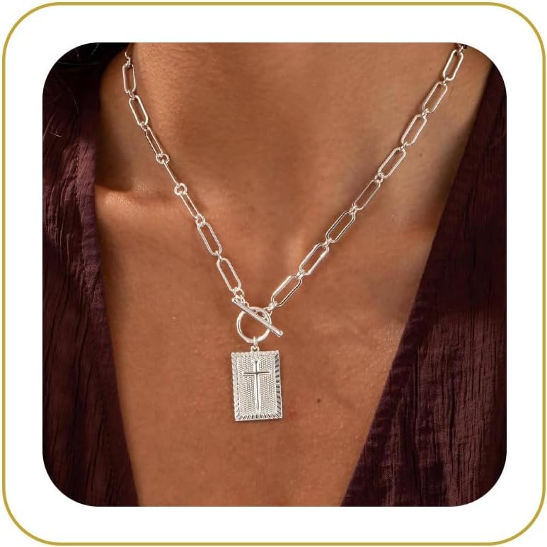 Mothers Day Gifts for Mom Sterling Silver Cross Pendant Necklace, Chunky Cross Necklace for Women Trendy Toggle Clasp Paperclip Chain Religious Jewelry Gift for Christian Faith Baptism First Communion