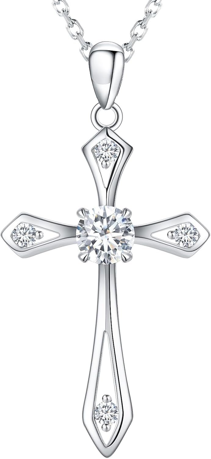 Cross Necklace for Women,925 Sterling Silver Birthstone Necklace with Diamond Faith Religious Birthstone Jewelry Birthday Holiday Gifts for Her/Wife/Mom/Girlfriend