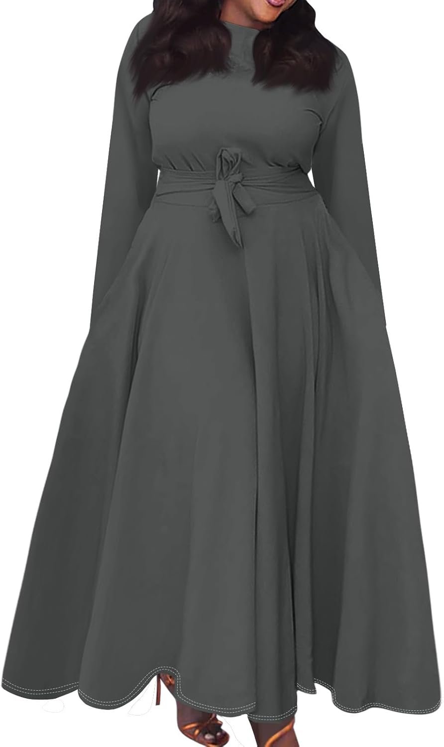 Plus Size Maxi Dresses for Curvy Women Crewneck Solid Long Sleeve Tie High Wasit Aline Church Dress, Xl-5Xl