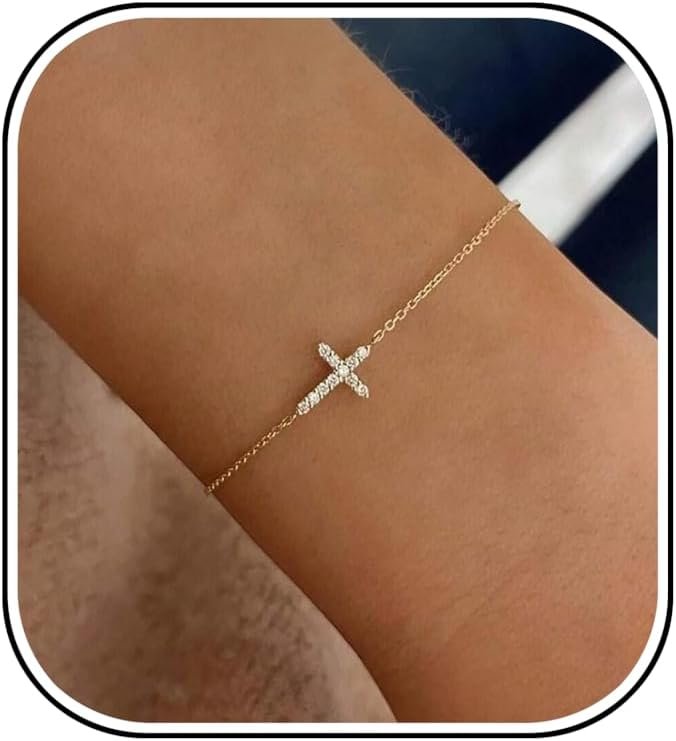 Gold Bracelets for Women,Dainty Gold Cross Bracelet 14K Gold Plated Beaded Bracelets for Women Trendy Bracelet Stack Pearl Bracelet Set Waterproof Chain Bracelet Gold Jewelry for Women Baptism Gifts