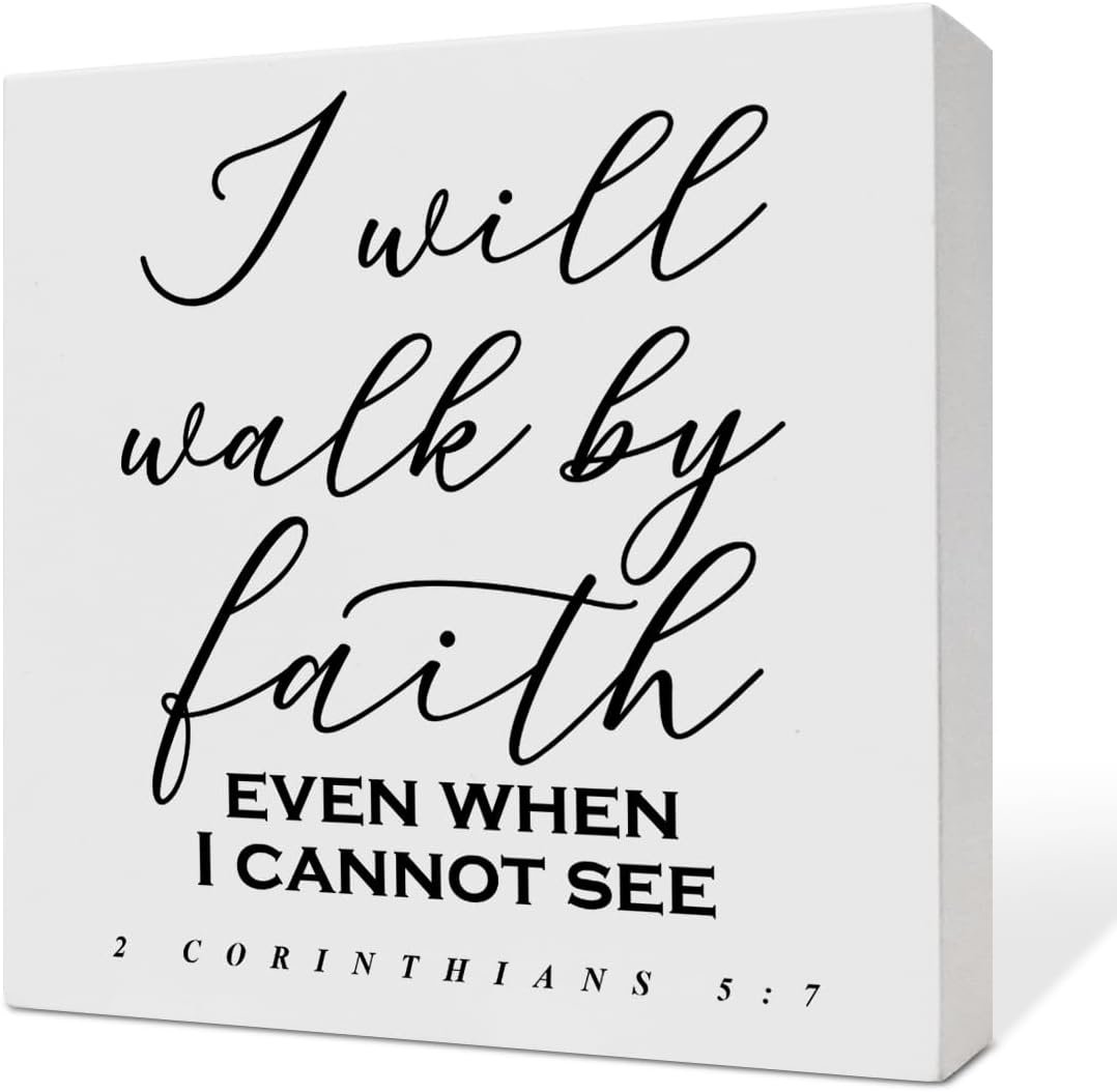 Christian Decor Wooden Box Sign, Christian Baptism Gifts for Women Men Faith, Religious Scripture Decor, Christian Decorations for Home Office Bedroom, Bible Verse Desk Decor, I Will Walk By Faith
