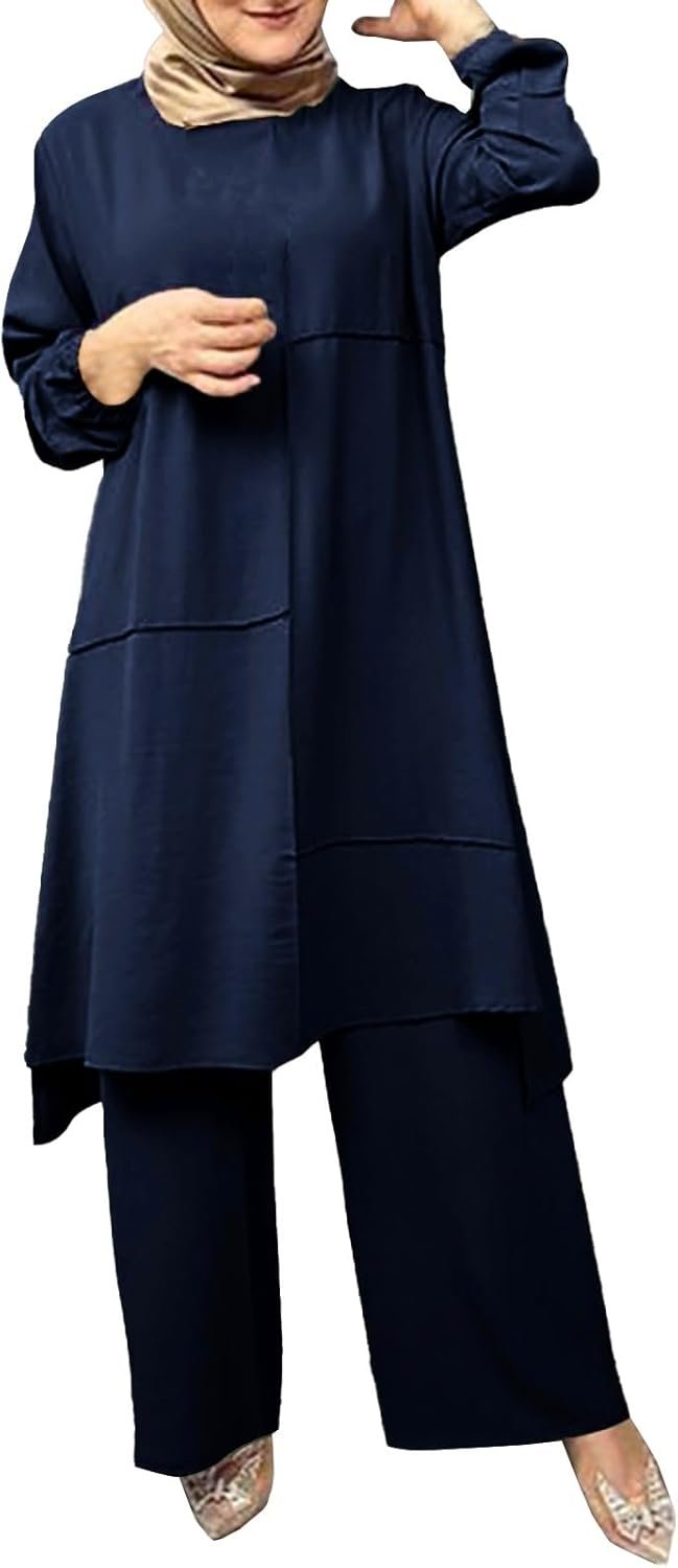 Women’s Muslim 2 Pieces Sets Long Sleeve Button Down Shirt and Pants Abaya Casual Dress Dubai Outfits
