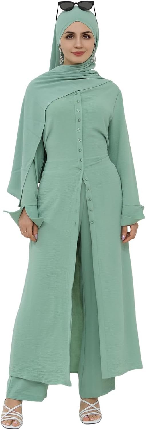 IDOPIP Muslim Women 2-Piece Set Long Sleeve Ramadan Islamic Abaya Dress Shirt with Pants Loose Fit Casual Dubai Prayer Outfit