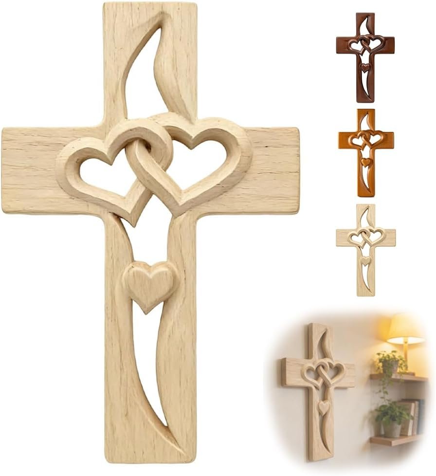 HAHALUK Hand Carved Wooden Cross Wall Art, Christian Wall Decor, Smooth Finish Heart Design Crucifix, Catholic Cross Sculptural Artwork for Home, Church, Office, Easter Gift for Women Men (Natural)