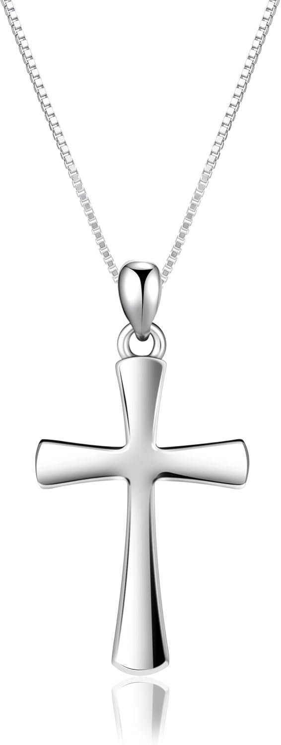 Sterling Silver Cross Necklace for Women 925 Sterling Silver Polished Curved Cross Pendant Necklace Handmade Crosses Religious Jewelry Gift